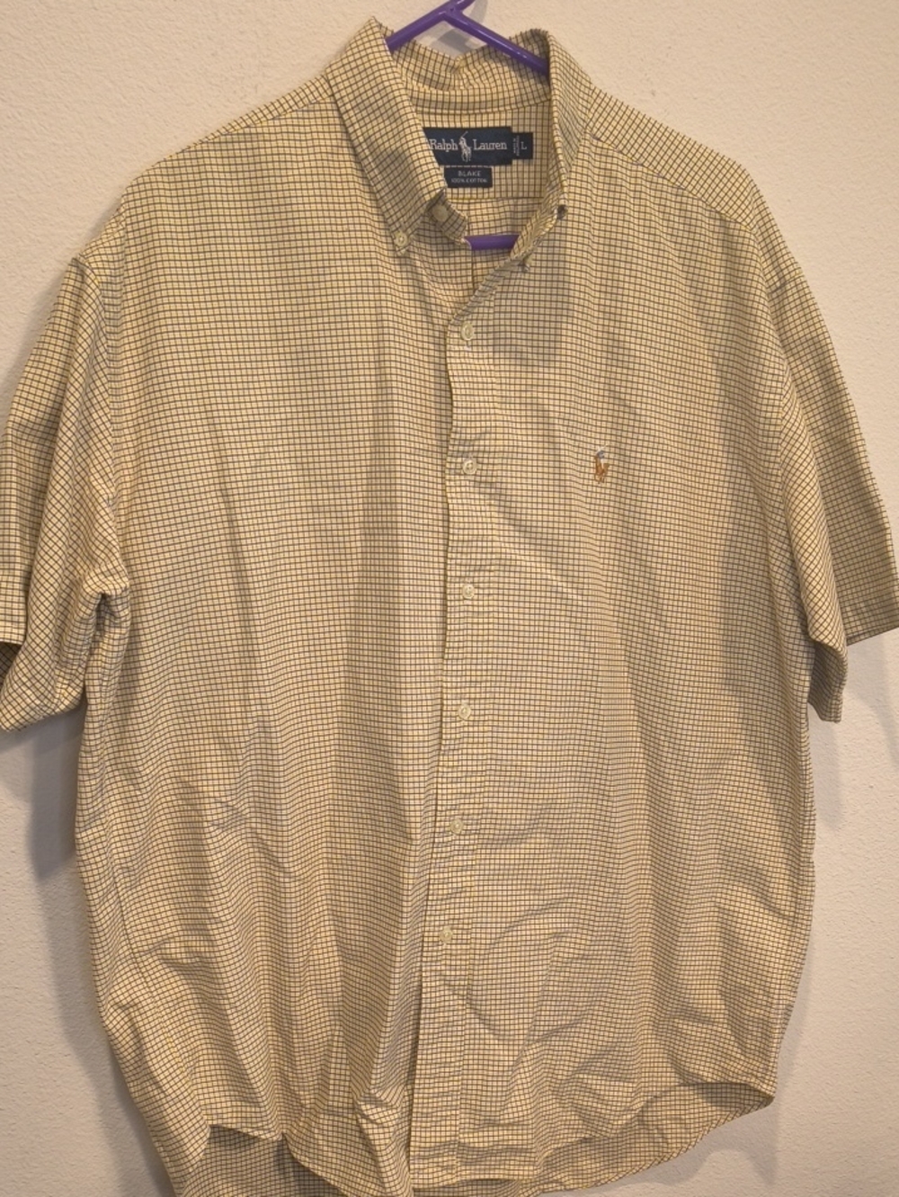 Ralph Lauren Yellow and Navy Micro-Check Short-Sleeve Button-Down Shirt Large